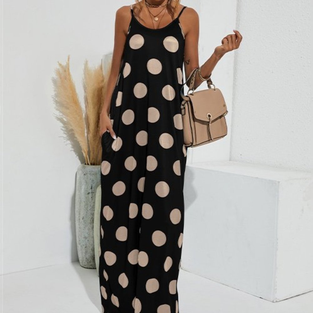 La Mode Black Polka Dot Side-Pocket Maxi Dress - Size XXL